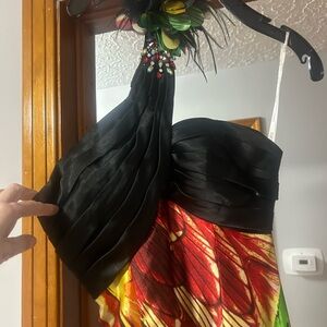 GiGi New York One-Shoulder Black Top with Red and Yellow Printed Skirt